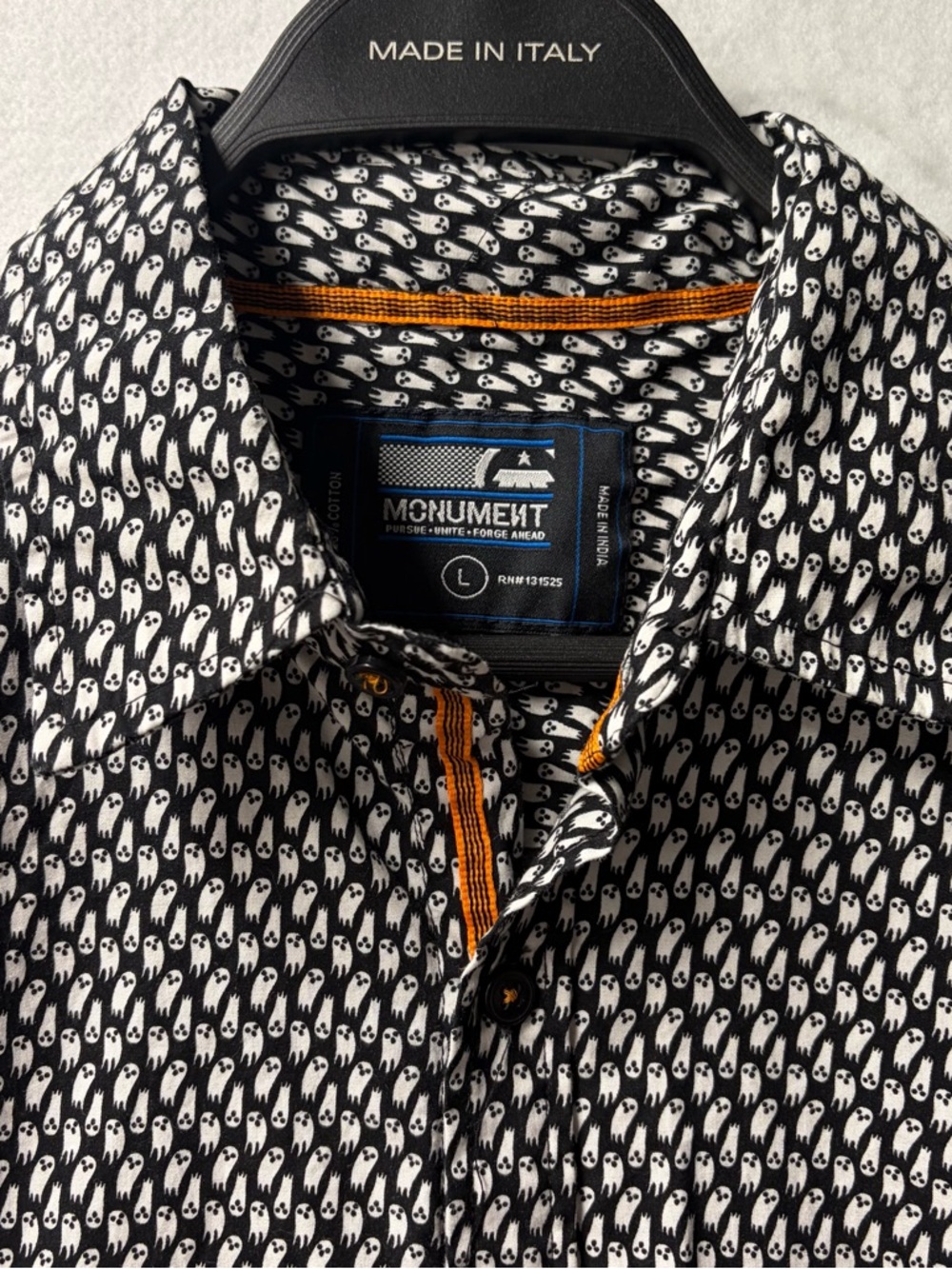 Monument Ghost Print Short Sleeve Button Down Shirt Men's Size Large Halloween